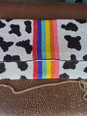 Source Unknown Beaded Cow Print Clutch with Rainbow Stripe